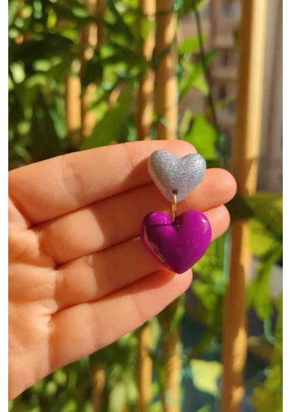 Deep Love Gri Simli Mor Kalp Sallantılı Özel Tasarım Küpe fırsatları