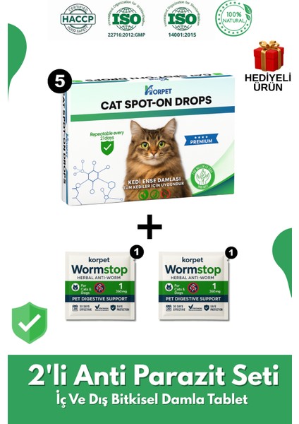 2'li Set Kedi Iç Dış Tüm Kediler Için Bitkisel 5 Damla ve 2 Tablet Paketi