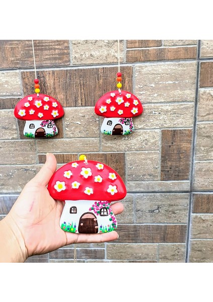 Yapımı Dekoratif Mantar Duvar Süsü, Kırmızı-Beyaz, Çiçek Desenli, Boncuklu Askılı, 2&apos;li Set