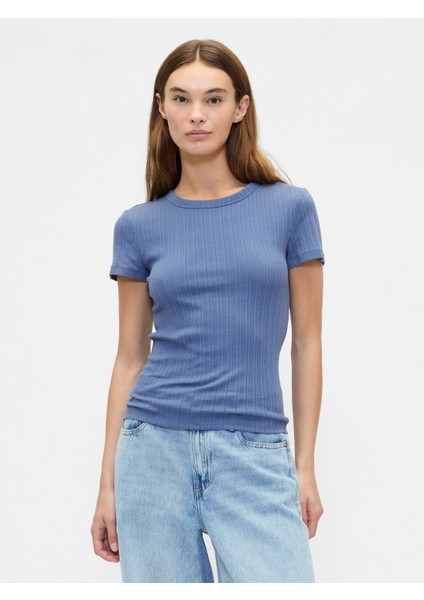 Kadın Mavi Pointelle Crewneck T-Shirt