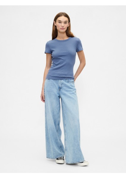 Kadın Mavi Pointelle Crewneck T-Shirt fırsatları