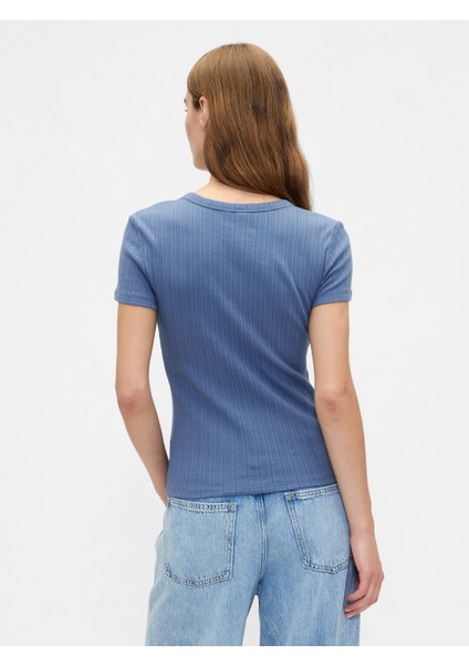 Kadın Mavi Pointelle Crewneck T-Shirt indirimleri