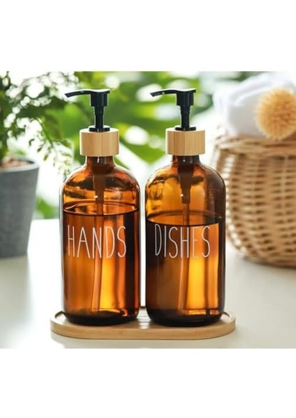 Cam Dispenser Seti – 2’li Şişe (Hands & Dishes Etiketli), Bambu Kapaklı, Sıvı Sabun & Deterjan Pompası fiyatları