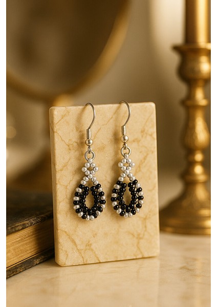 Vintage Görünümlü Siyah & Gümüş Boncuk Küpe