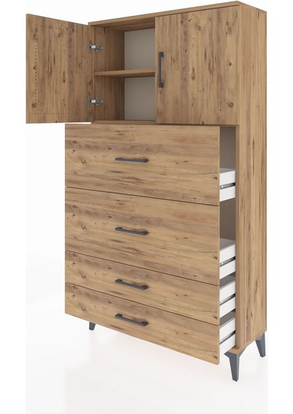 Arges Dolap 2 Raflı 4 Çekmeceli 2 Kapaklı 88X30X163 Çam-Çam indirimleri