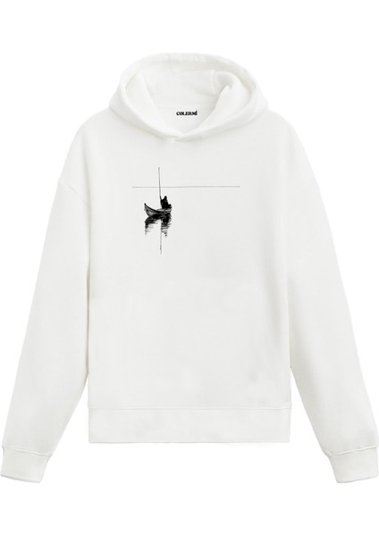 Balık Tutan Adam Tasarım Baskılı Minimal Unisex Kapüşonlu Hoodie