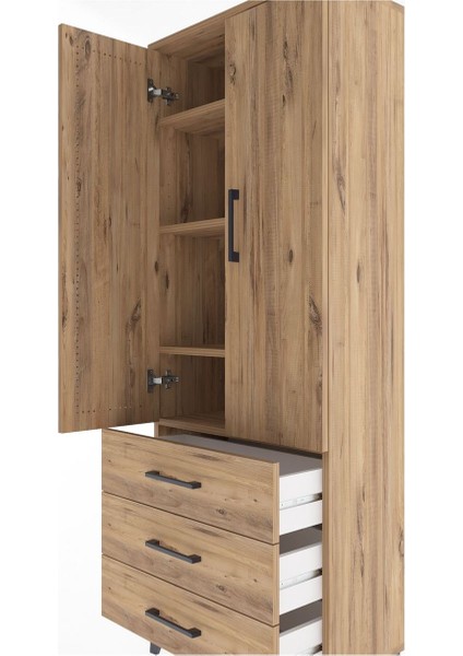 Arges Dolap 4 Raflı 3 Çekmeceli 2 Kapaklı 60X30X163 Çam-Çam indirimleri