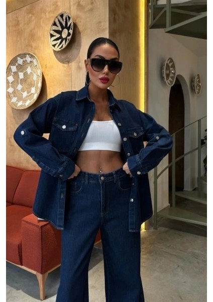 Gömlek ve Palazzo Pantolon Klasik Denim Takım 10070