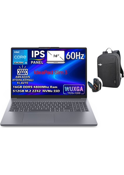 Ideapad Slim 3 16IRH10 Intel Core I5-13420H 16GB 512GB SSD 16" Wuxga (1920X1200) IPS Panel Freedos Taşınabilir Dizüstü Bilgisayar 83K20073TR + B210 Siyah Çanta Hediyeli