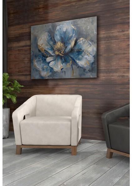 Kanvas Tablo Mavi Çiçek Altın Dokulu Yağlı Boya Görünümlü Dekoratif Kanvas Tablo 80 x 120
