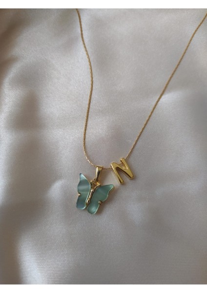 N Harfli Yeşil Kelebek Kolye