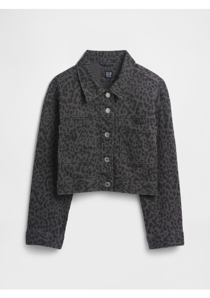 Kız Çocuk Siyah Boxy Leopar Ceket