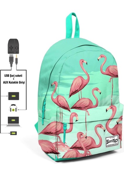 Yeşil Desenli Sırt Çantası - Okul ve Günlük - Usb+Aux Soketli