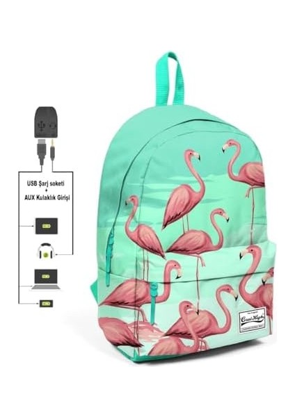 Yeşil Desenli Sırt Çantası - Okul ve Günlük - Usb+Aux Soketli modelleri