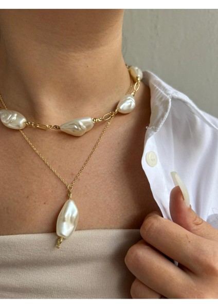 Altın Kaplama Özel Tasarım Sıralı Inci ve Zincir Kolye - Retro Collection fiyatları
