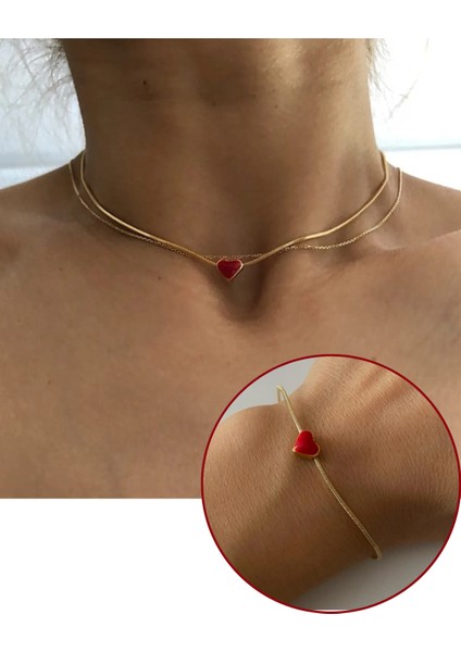 Kırmızı Mineli Mini Kalp Kolye Bileklik Seti