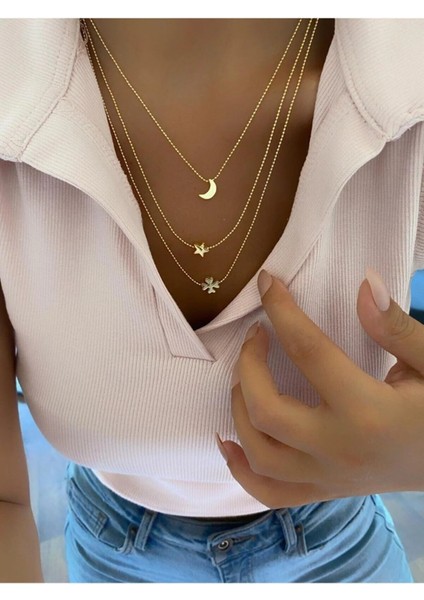 Kadın 3'lü Minimal Hilal Yıldız Yonca Kolye
