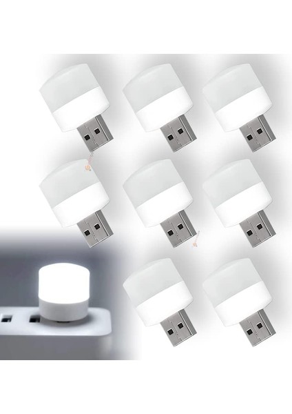 Mini USB LED Işık, 1W Enerji Tasarruflu, Gece Aydınlatma, Rehber Gece Lambası, Kitap Okuma Lambası Işığı, Küçük Yuvarlak Işıklar (8 Adet)