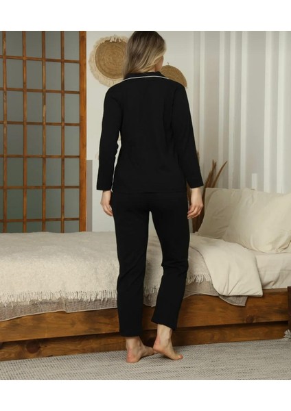 Kadın Siyah Pamuklu Pijama Takım -Düğmeli Uzun Kollu- Rahat Kesim modelleri