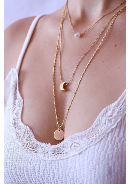 Incili Yarım Ay ve Pul Figürlü Çoklu Zincir Kolye