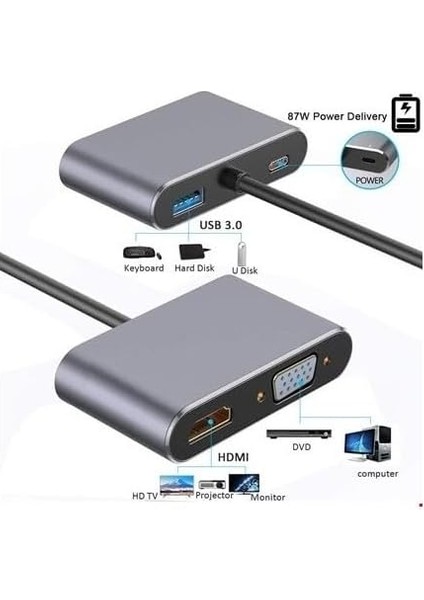 CF02 Uyumlu Type-C™ To 4K Ultra Hd 1080P Hdmı/vga/pd Şarj/usb 3.0 4ın1 Çevirici Hub modelleri