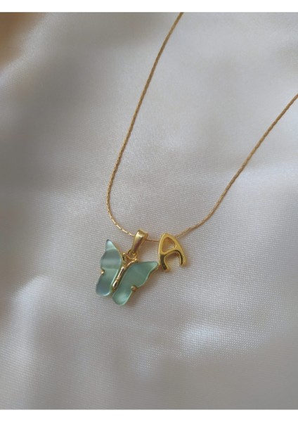 Kadın A Harfli Yeşil Kelebek Kolye