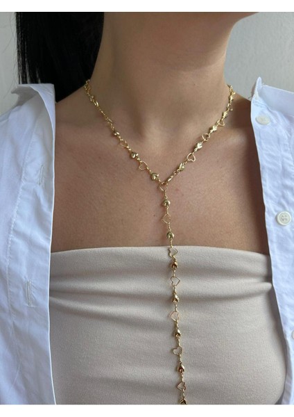 Altın Kaplama Sıralı Kalp Zincir Detaylı Y Kolye