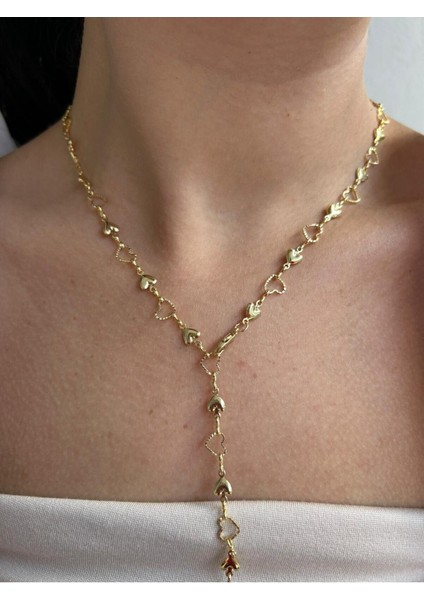 Altın Kaplama Sıralı Kalp Zincir Detaylı Y Kolye fiyatları