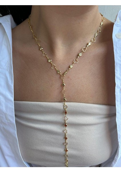 Altın Kaplama Sıralı Kalp Zincir Detaylı Y Kolye modelleri