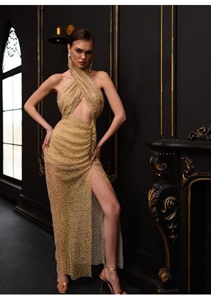 Gold Simli Boncuk Detaylı File Elbise fiyatları