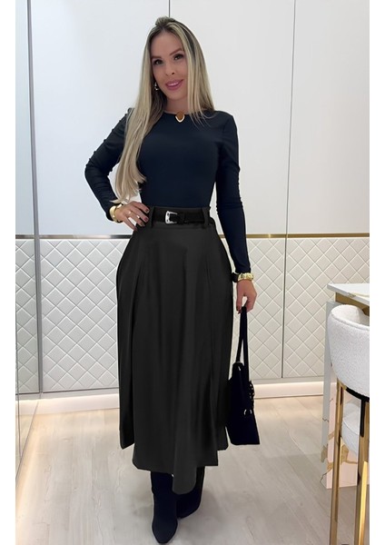 Kadın Yüksek Belli Maxi Deri Kemersiz Etek