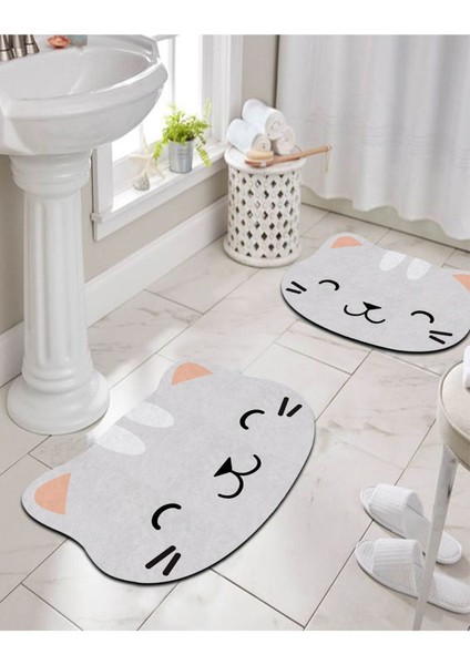 Sevimli Kedi Desenli Kaymaz Banyo Paspası Ikili Set, 40X60 ve 60X100 Ölçüler fiyatları