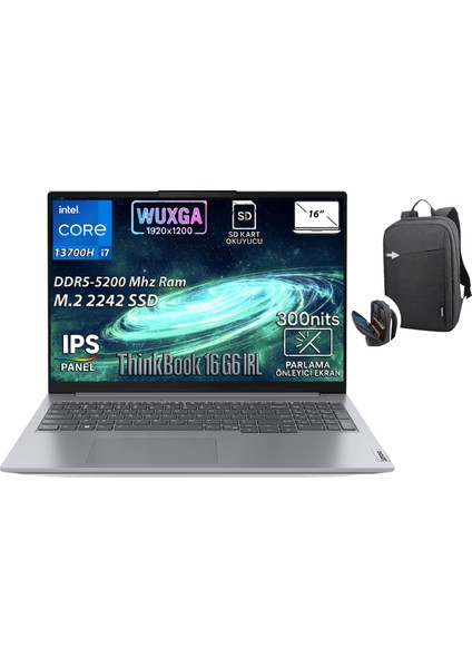 Thinkbook 16 G6 Irl Intel Core I7-13700H 32GB 512GB SSD 16" Wuxga IPS Panel Windows 11 Pro Taşınabilir Bilgisayar 21KH00V1TR + B210 Siyah Çanta Hediyeli