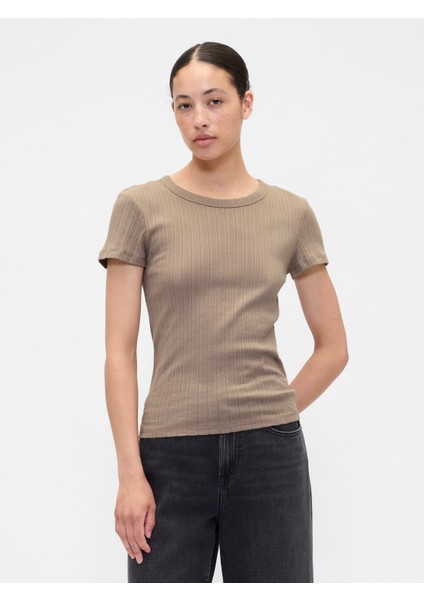 Kadın Açık Kahverengi Pointelle Crewneck T-Shirt