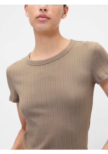 Kadın Açık Kahverengi Pointelle Crewneck T-Shirt modelleri