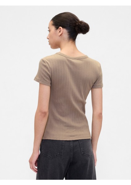 Kadın Açık Kahverengi Pointelle Crewneck T-Shirt indirimleri