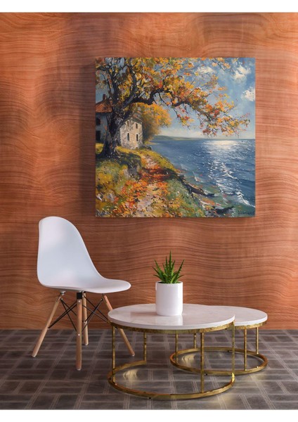 Kanvas Tablo Köy Evi Göl Kenarında Yağlı Boya Görünümlü Kanvas Tablo 50 x 50