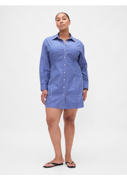 Kadın Mavi Organik Pamuk Poplin Gömlek Elbise fırsatları