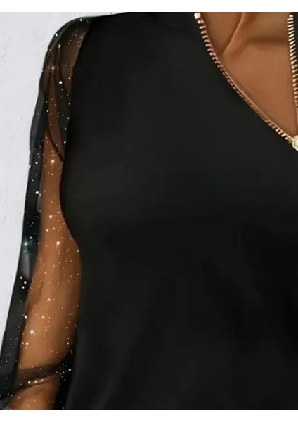 Kadın Uzun Kollu Asimetrik Fermuar Detaylı Viskon Iki Iplik Bluz modelleri