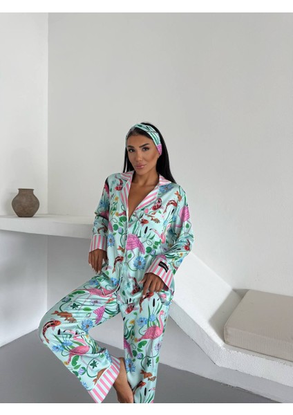 Mavi Pembe Baskılı Ipek Saten Uzun Pijama Takımı