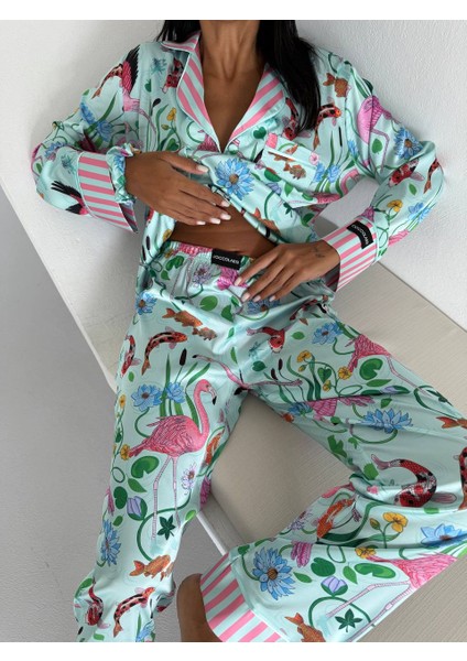 Mavi Pembe Baskılı Ipek Saten Uzun Pijama Takımı fiyatları