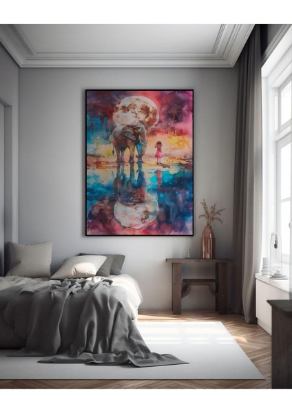 Kanvas Tablo Neon Renklerin Işıltısında Fil ve Minik Çocuk Dekoratif Kanvas Tablo 70 x 100