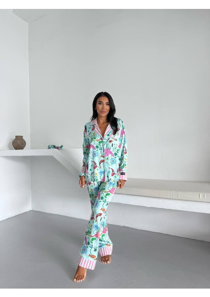 Mavi Pembe Baskılı Ipek Saten Uzun Pijama Takımı modelleri