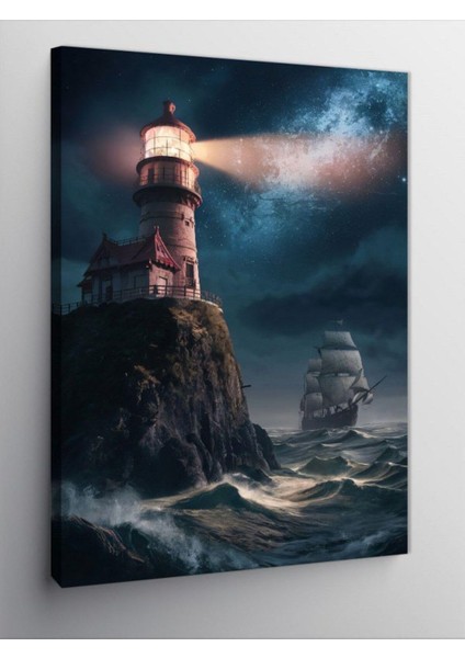 Kanvas Tablo Deniz Feneri ve Yelkenli Gemi, 50CM x 70CM