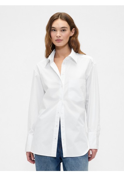 Kadın Beyaz Organik Pamuk Poplin Big Gömlek