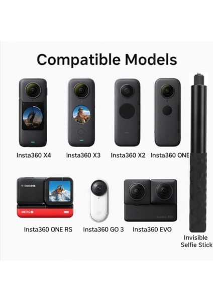 114CM Görünmez Selfie Çubuğu, INSTA360 X3, X2, X4, X5, One Rs, Go 3, One, One X, Evo ile Uyumlu, 180 gr Alüminyum Katlanabilir Uzatma Çubuğu, 1/4” Vidalı Bağlantı, 360° Görünmez Çekim, Siyah modelleri
