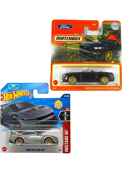 2 Araç Set - Matchbox 2018 Ford Mustang Convertible - Siyah & Hot Wheels Ford Mustang Gtd - Gri (1/64)