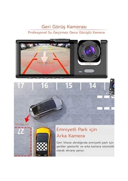 Cam Full Hd Araç Içi Kamera Ön Arka ve Iç Kayıt 3 Kamera Gece Görüşlü G Sensör Geniş Açı fiyatları