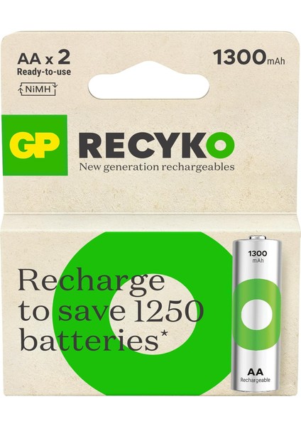 Batteries Recyko 1300 Aa Ni-Mh Şarjlı Pil, 1.2 Volt, 2&apos;li Kart