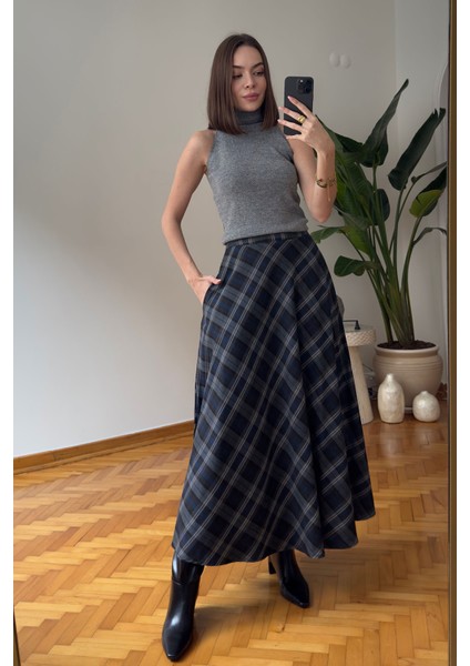 Ekose Desen Verevli Etek- Gri modelleri